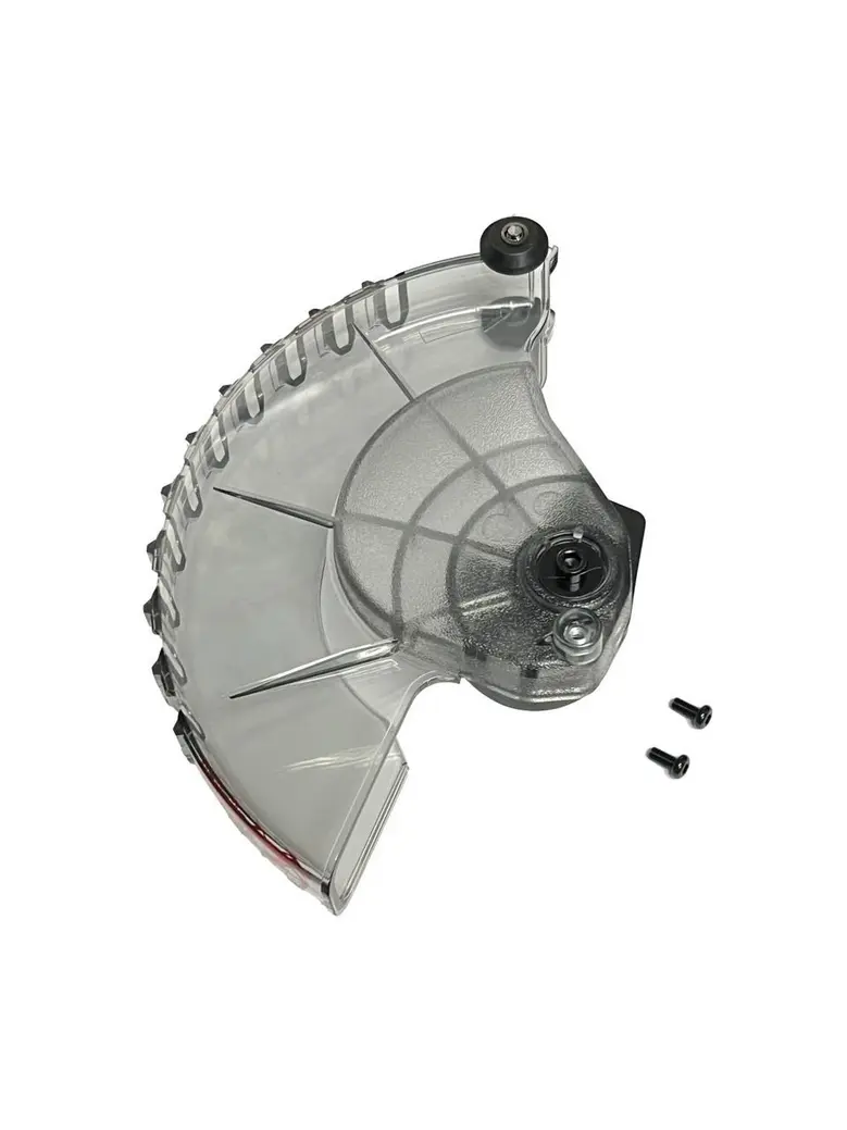 Clear safety guard for a handheld circular saw, with mounting screws.