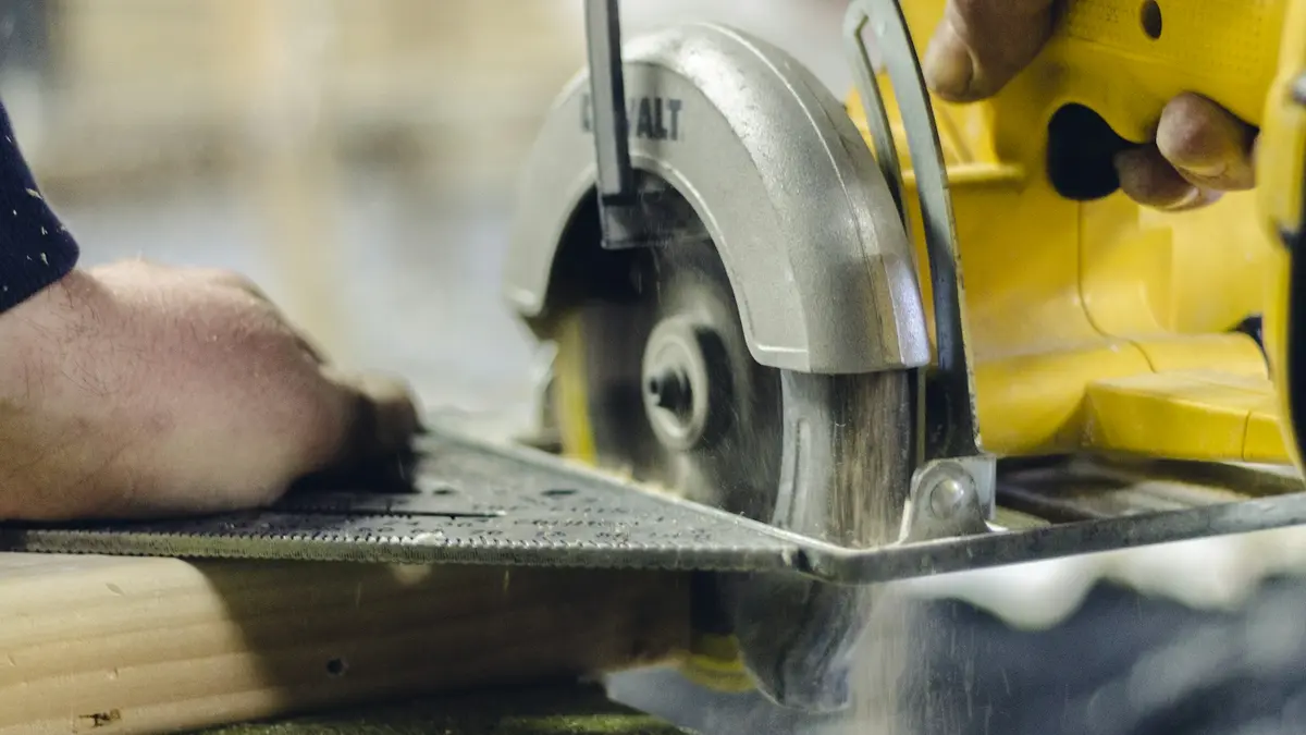 A close-up of a circular saw cutting through wood, with dust being expelled.
