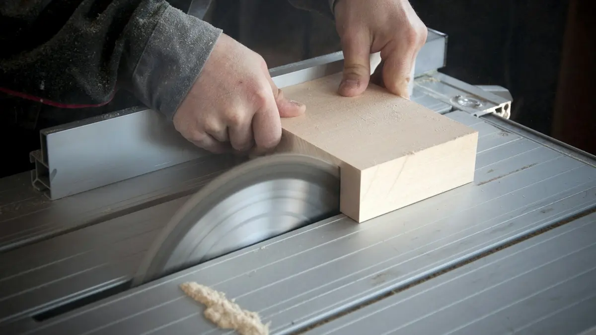 A person feeding a wood block into a table saw.