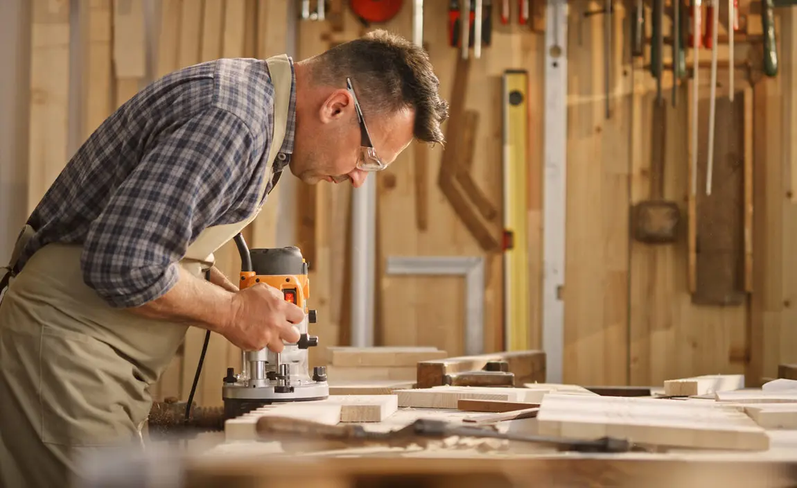 A person using a router on a wooden workpiece in a workshop.