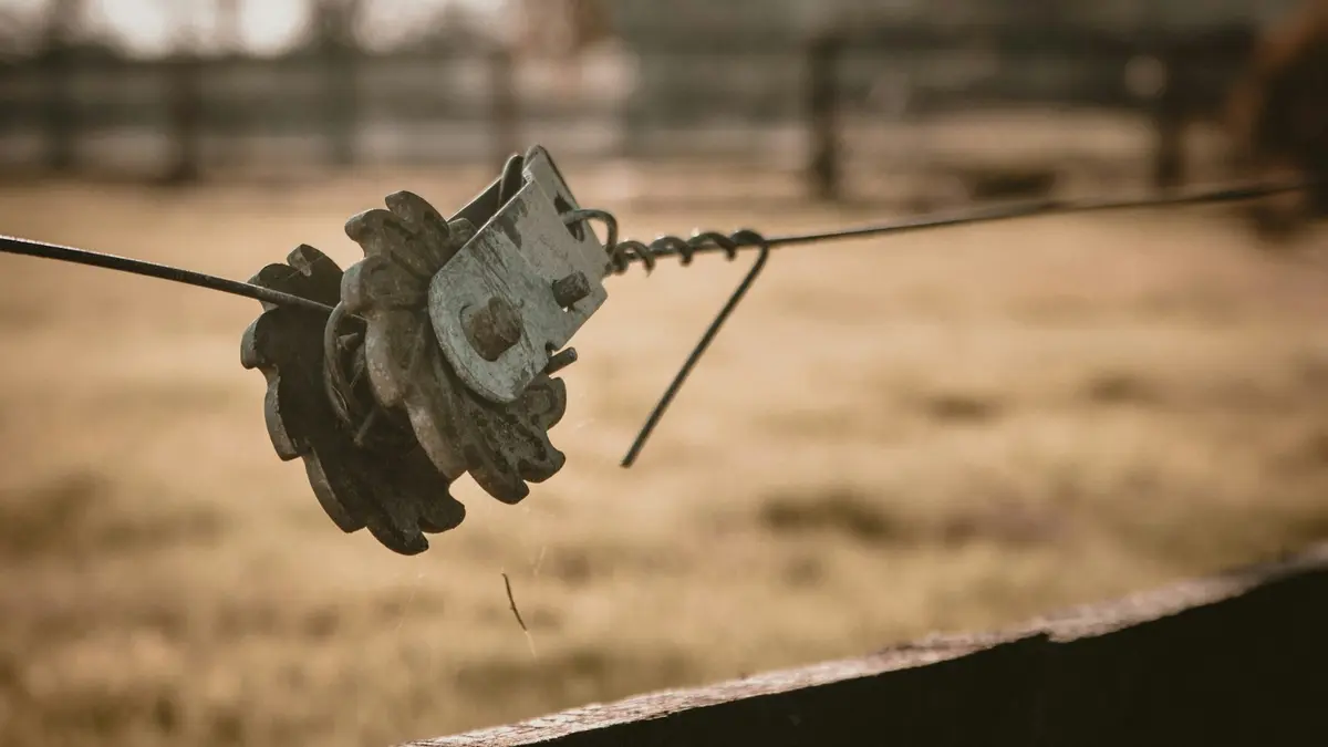 Metal fence tensioning device attached to a barbed wire fence in a grassy field.