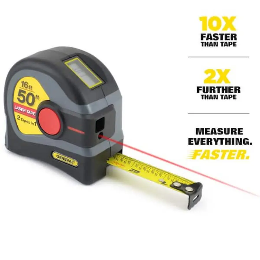 Laser measuring tape with a retractable tape measure and laser line feature.