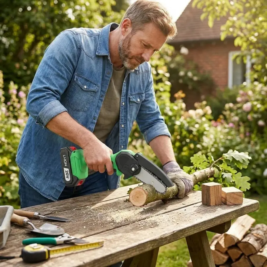 A man using a mini chainsaw to prune a branch on a wooden table outdoors.