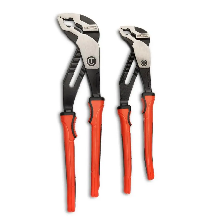 Two adjustable pliers, one with a smooth jaw and the other with a serrated jaw, both featuring orange rubber grips.
