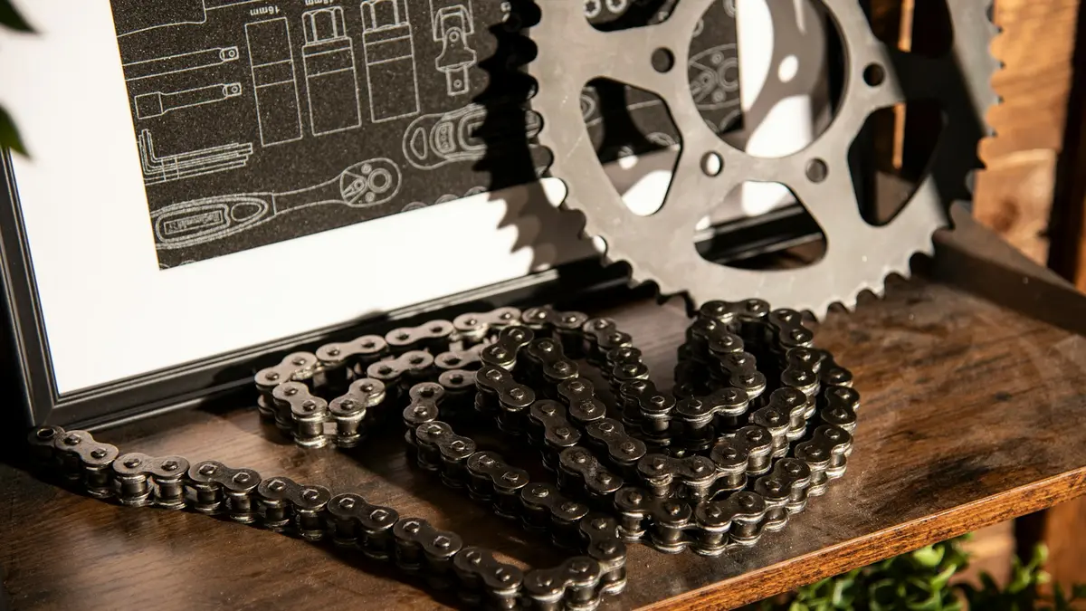 A decorative arrangement of a bicycle chain, sprocket, and technical illustration.