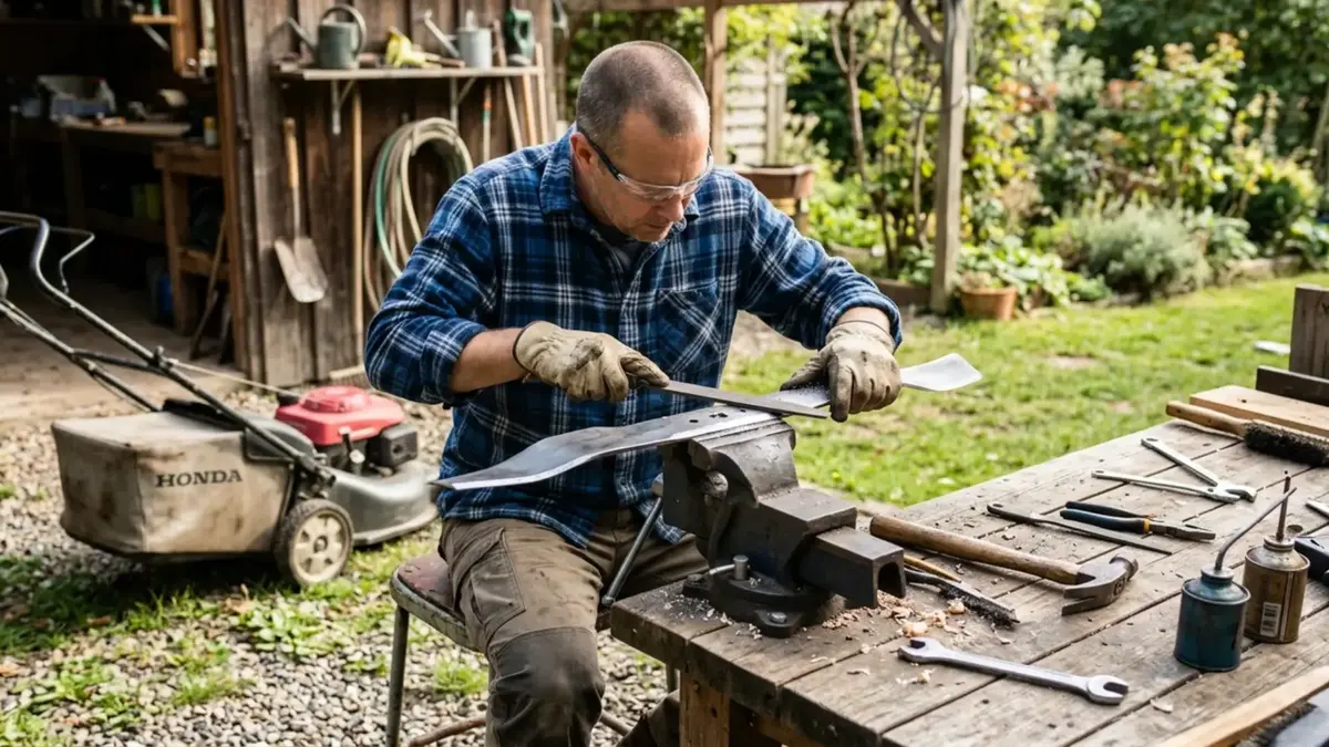 A person sharpens a lawn mower blade at a workbench with tools nearby.